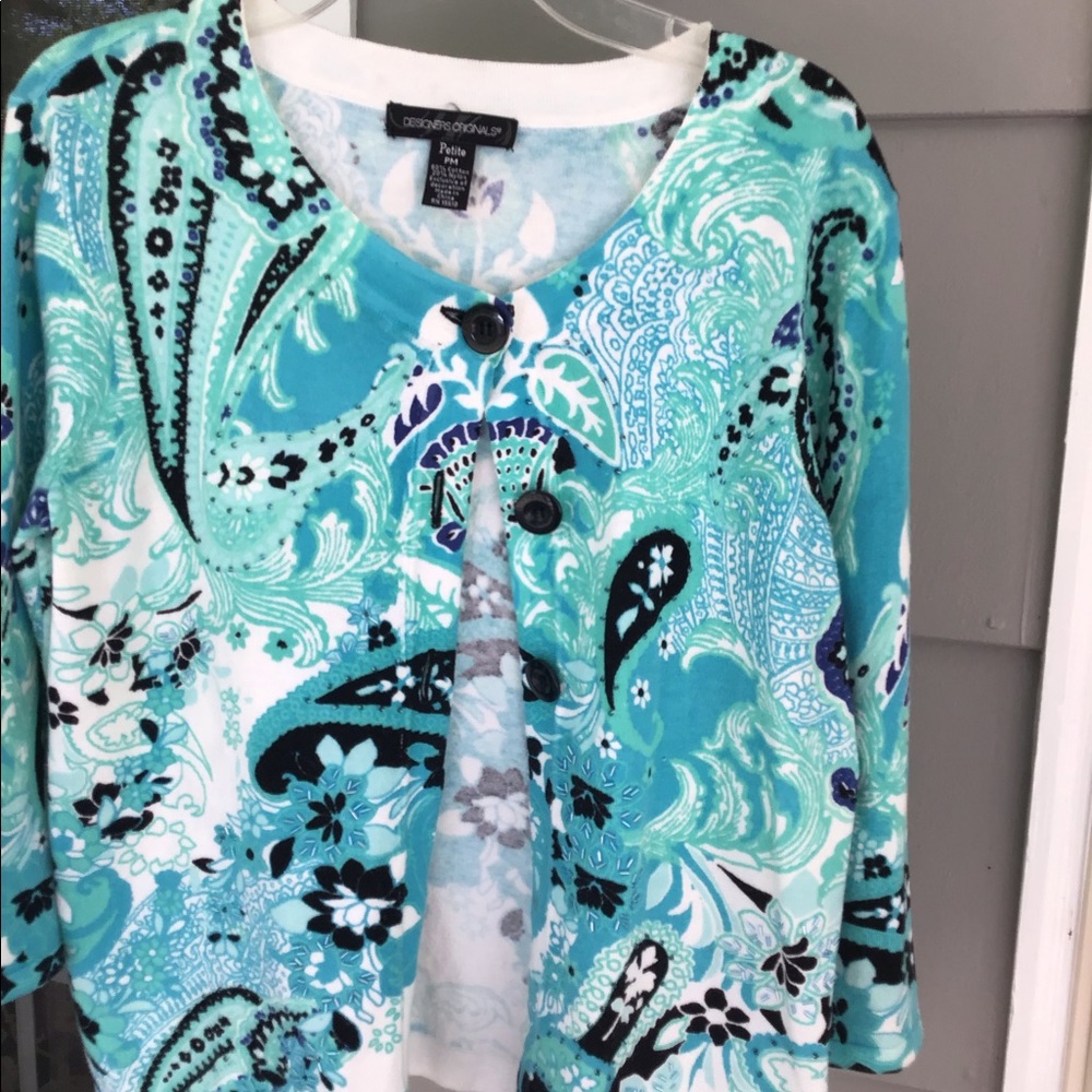 Designers originals Petite Med women  sweater cardigan Turquoise, black top NWOT